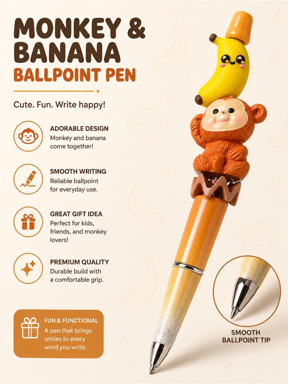 Hand Crafted Orange Monkey & Yellow Banana Novelty Pen